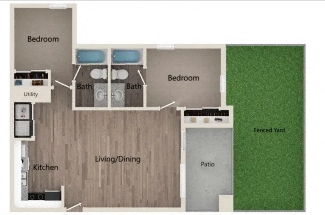 Floor plan for 2 beds, 2 baths, 900 sqft